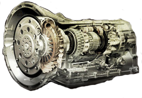 A picture of an automatic transmission showing the interior clutches, gears, drums, and planetary