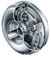 A picture of a torque converter showing the internal workings