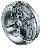 A picture of a torque converter showing the internal workings
