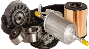 A picture of an oil filter, bearings, a belt, a fuel filter, and other miscellaneous parts.