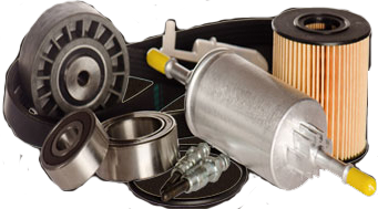 A picture of an oil filter, bearings, a belt, a fuel filter, and other miscellaneous parts.