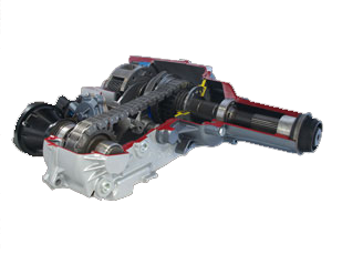 This is a picture of a transfer case that has been cut in half to show the internal components